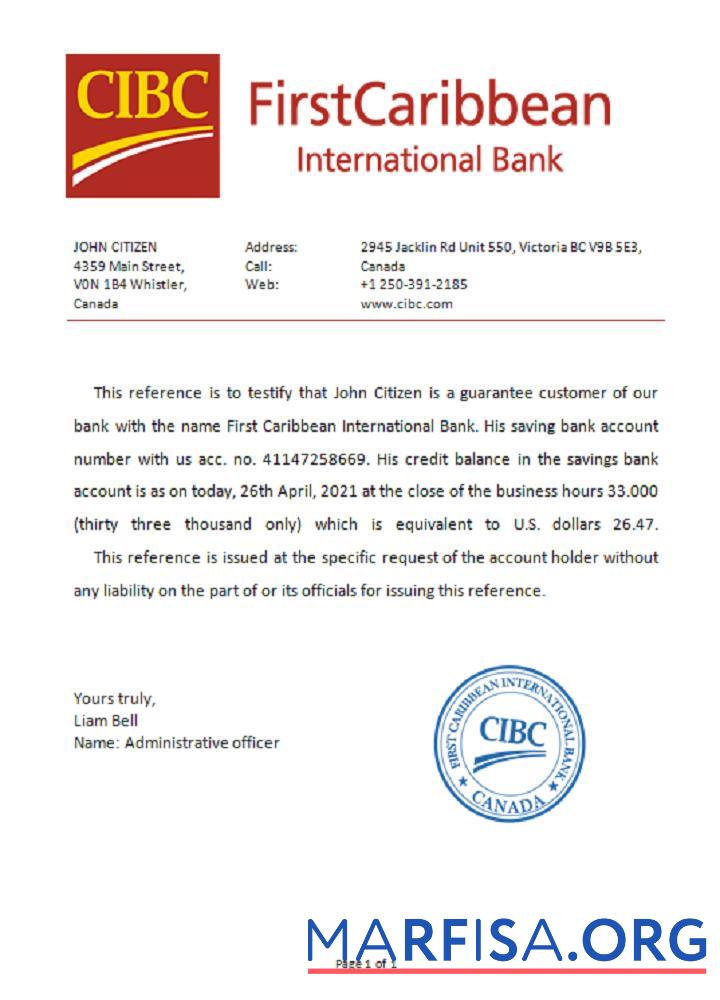 Downloadable Canada CIBC Bank reference example
